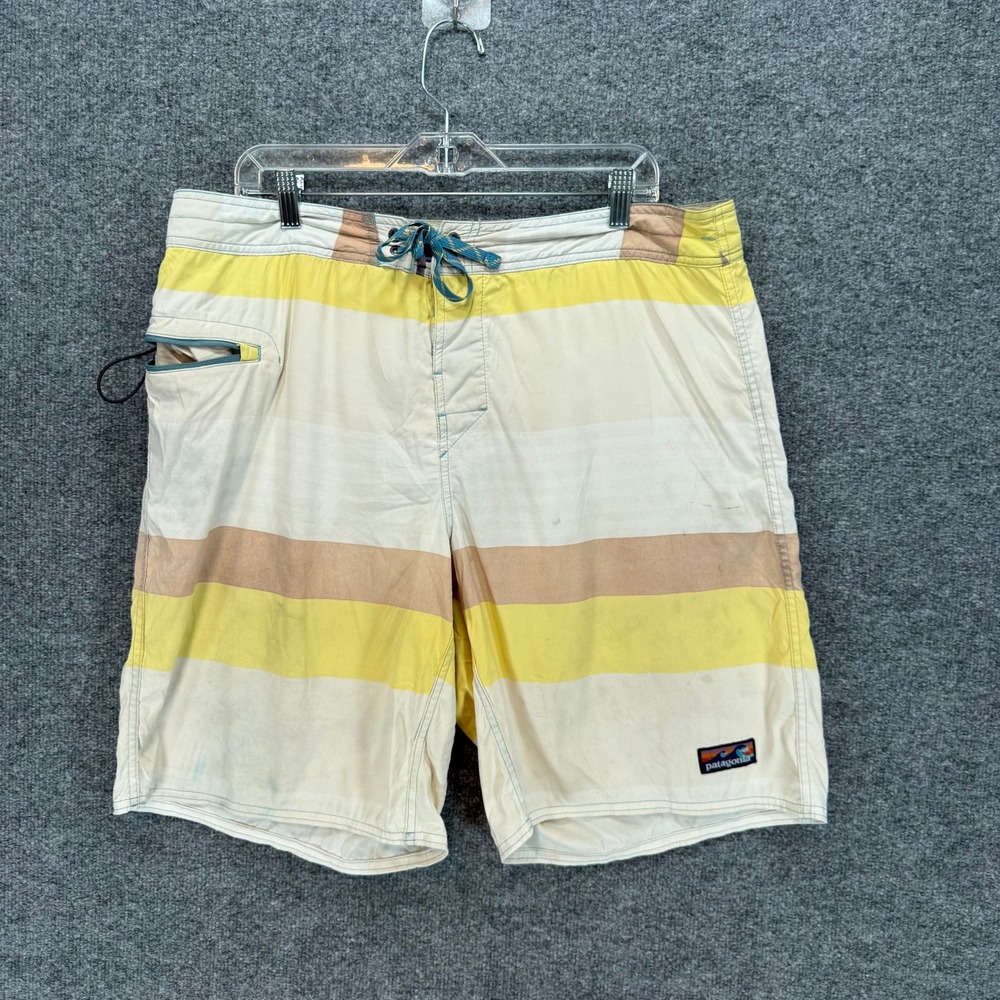 Patagonia Board Shorts Mens 38 Yellow Striped Scallop Hem Surf Swim Trunks‎